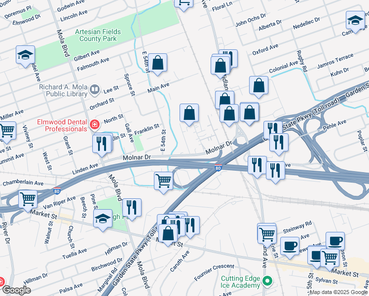 map of restaurants, bars, coffee shops, grocery stores, and more near 5 Chobot Lane in Elmwood Park