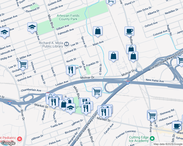 map of restaurants, bars, coffee shops, grocery stores, and more near 146 Linden Avenue in Elmwood Park