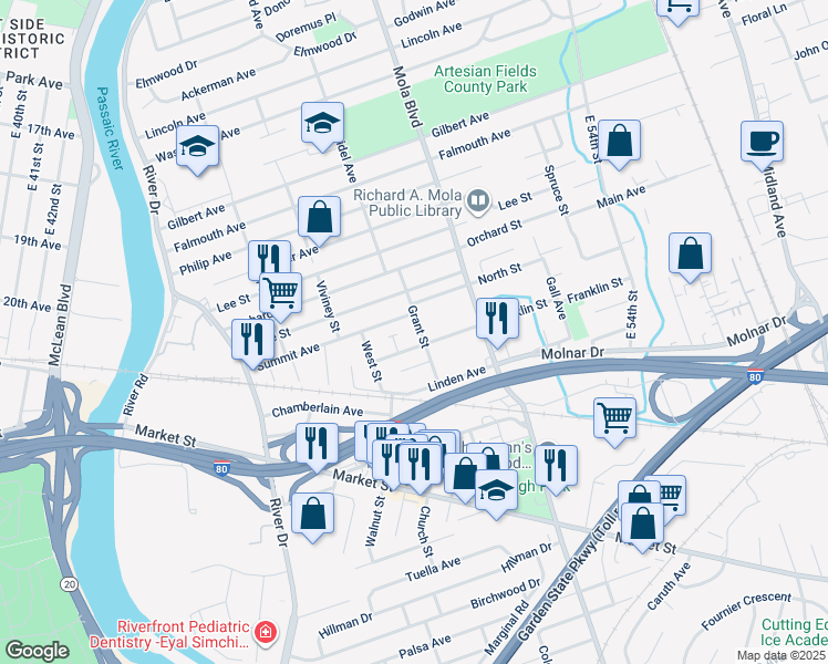 map of restaurants, bars, coffee shops, grocery stores, and more near 26 Grant Street in Elmwood Park