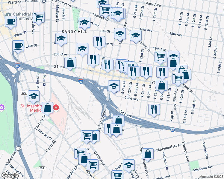 map of restaurants, bars, coffee shops, grocery stores, and more near 95 East 20th Street in Paterson