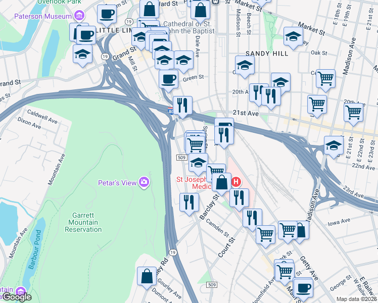 map of restaurants, bars, coffee shops, grocery stores, and more near 611 County Road 509 in Paterson