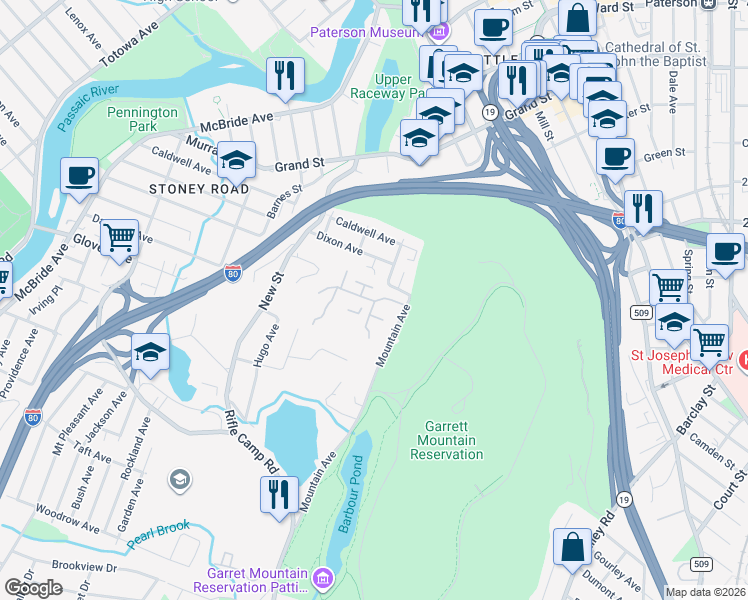 map of restaurants, bars, coffee shops, grocery stores, and more near 8 Quartz Lane in Paterson