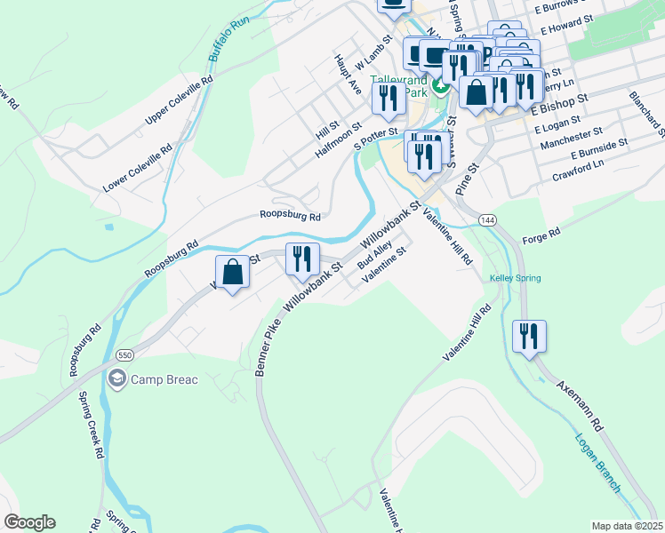 map of restaurants, bars, coffee shops, grocery stores, and more near 723-725 Willowbank Street in Bellefonte