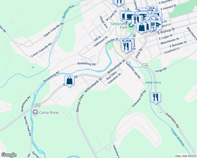 map of restaurants, bars, coffee shops, grocery stores, and more near 723-725 Willowbank Street in Bellefonte