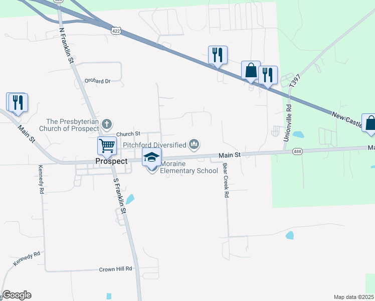 map of restaurants, bars, coffee shops, grocery stores, and more near 309 Main Street in Prospect