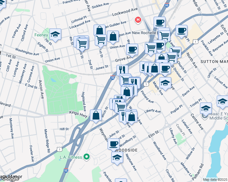 map of restaurants, bars, coffee shops, grocery stores, and more near 58 Beechwood Avenue in New Rochelle