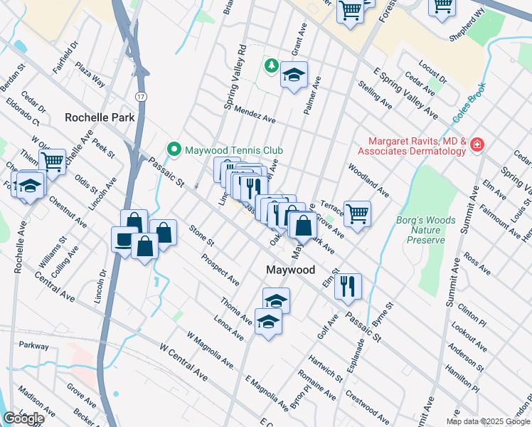 map of restaurants, bars, coffee shops, grocery stores, and more near 561 Oak Avenue in Maywood
