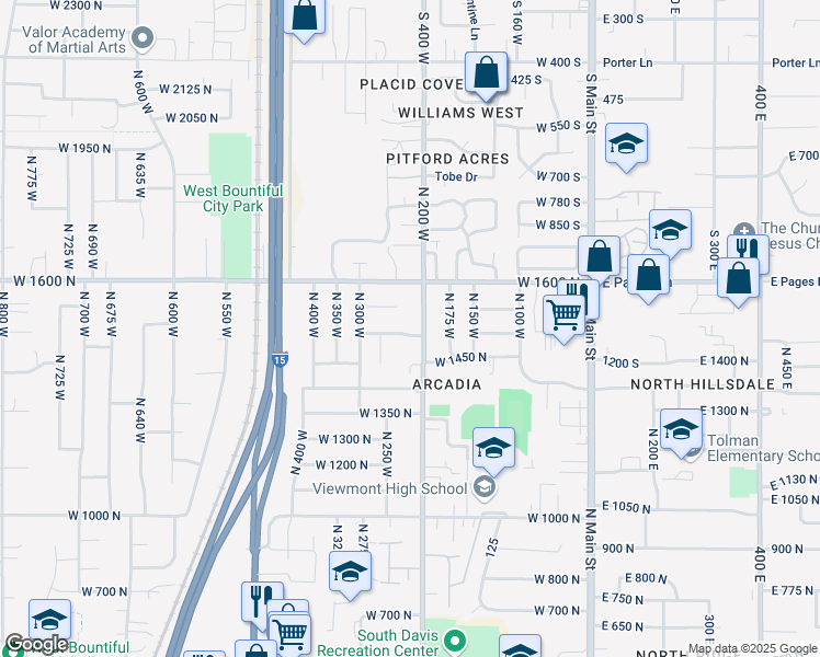 map of restaurants, bars, coffee shops, grocery stores, and more near 214 West 1500 North in Bountiful