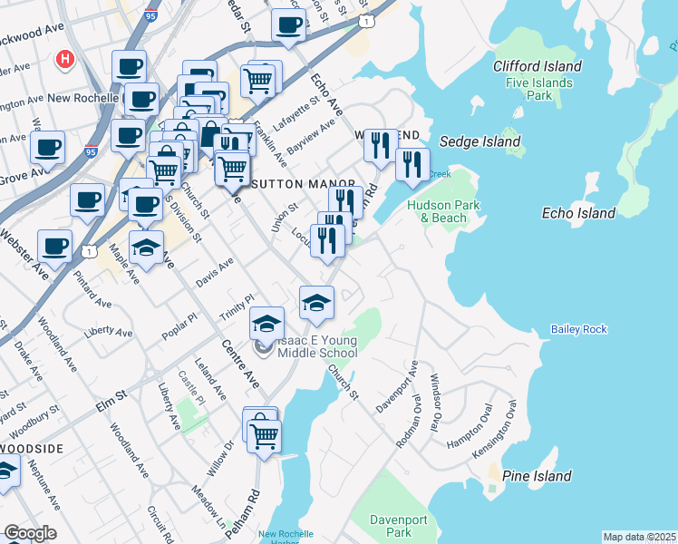 map of restaurants, bars, coffee shops, grocery stores, and more near 120 Pelham Road in New Rochelle