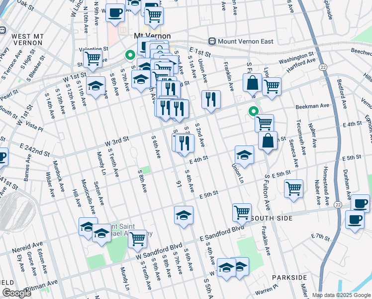 map of restaurants, bars, coffee shops, grocery stores, and more near 256 South 4th Avenue in Mount Vernon