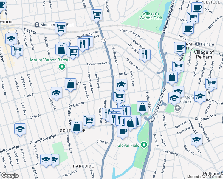 map of restaurants, bars, coffee shops, grocery stores, and more near 39 Elliot Street in Mount Vernon