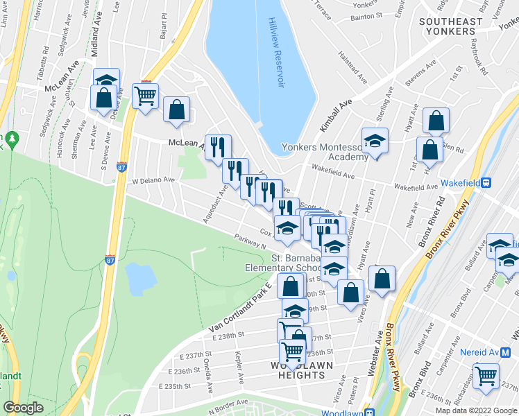 map of restaurants, bars, coffee shops, grocery stores, and more near 874 McLean Avenue in Yonkers