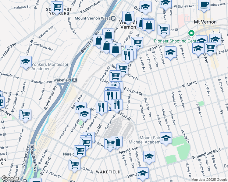 map of restaurants, bars, coffee shops, grocery stores, and more near 4761 White Plains Road in Bronx