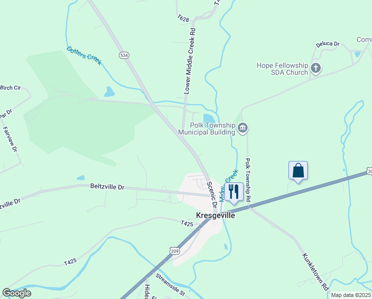 map of restaurants, bars, coffee shops, grocery stores, and more near 169 Scenic Drive in Kunkletown