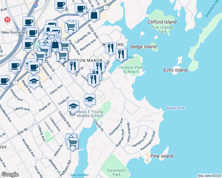 map of restaurants, bars, coffee shops, grocery stores, and more near 25 Davenport Avenue in New Rochelle