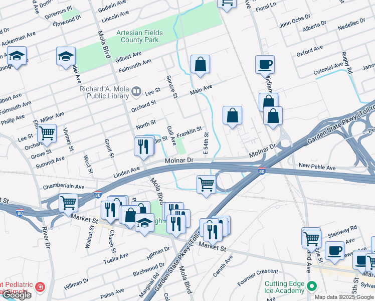 map of restaurants, bars, coffee shops, grocery stores, and more near 146 Linden Avenue in Elmwood Park