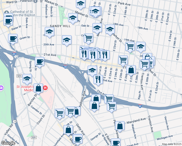 map of restaurants, bars, coffee shops, grocery stores, and more near 95 East 20th Street in Paterson