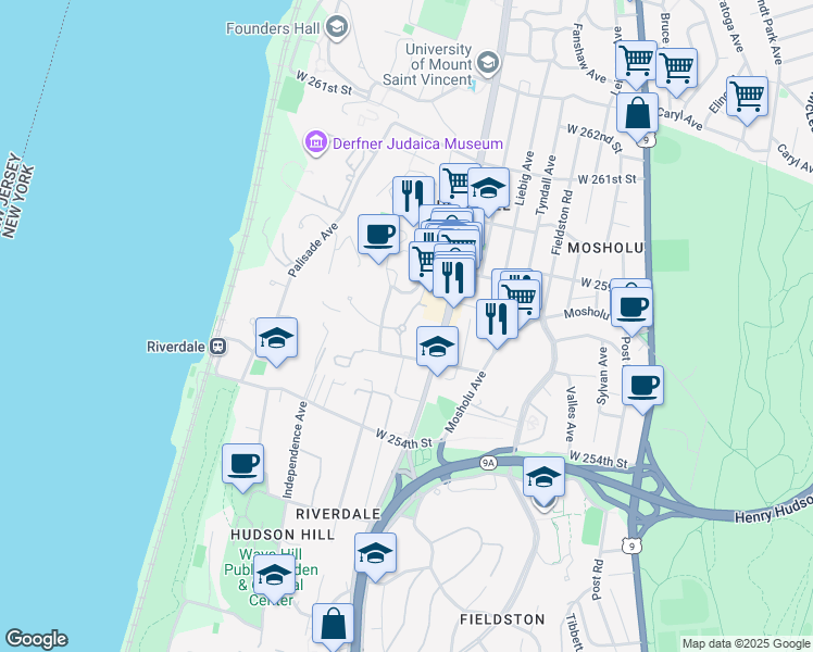 map of restaurants, bars, coffee shops, grocery stores, and more near 5621 Netherland Avenue in Bronx