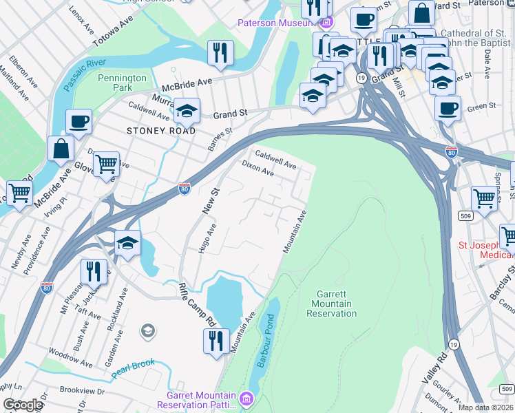 map of restaurants, bars, coffee shops, grocery stores, and more near 132 Quartz Lane in Paterson
