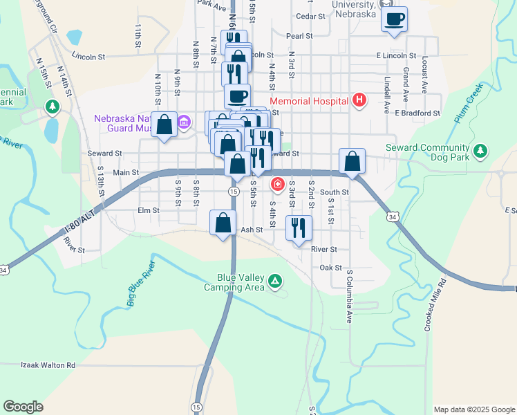 map of restaurants, bars, coffee shops, grocery stores, and more near 301-433 South 5th Street in Seward