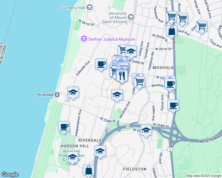 map of restaurants, bars, coffee shops, grocery stores, and more near in The Bronx