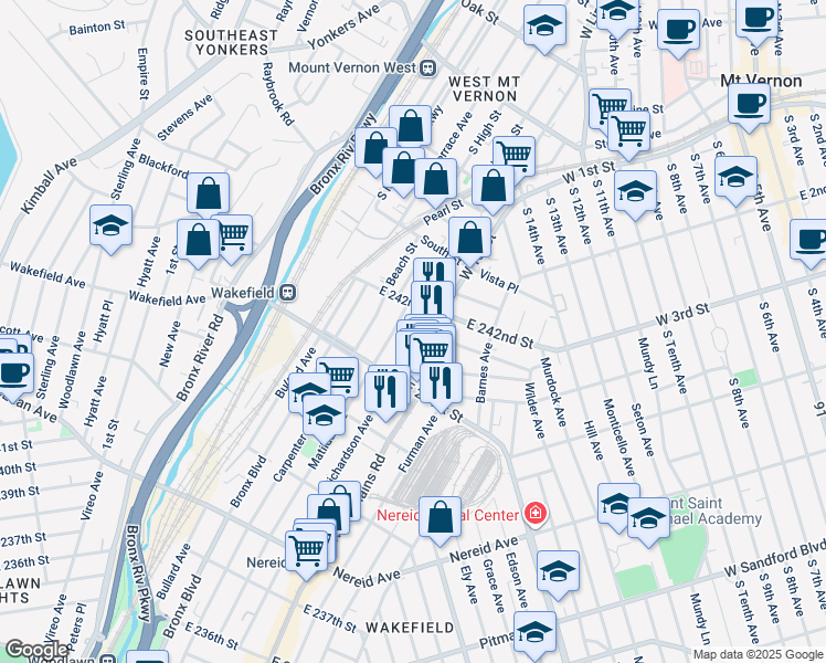 map of restaurants, bars, coffee shops, grocery stores, and more near 4735 Richardson Avenue in Bronx