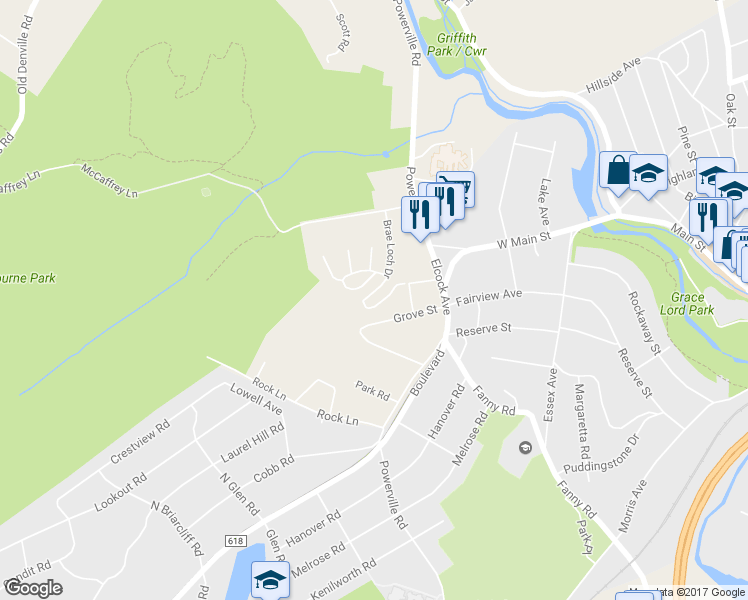 map of restaurants, bars, coffee shops, grocery stores, and more near 45 Brae Loch Drive in Boonton