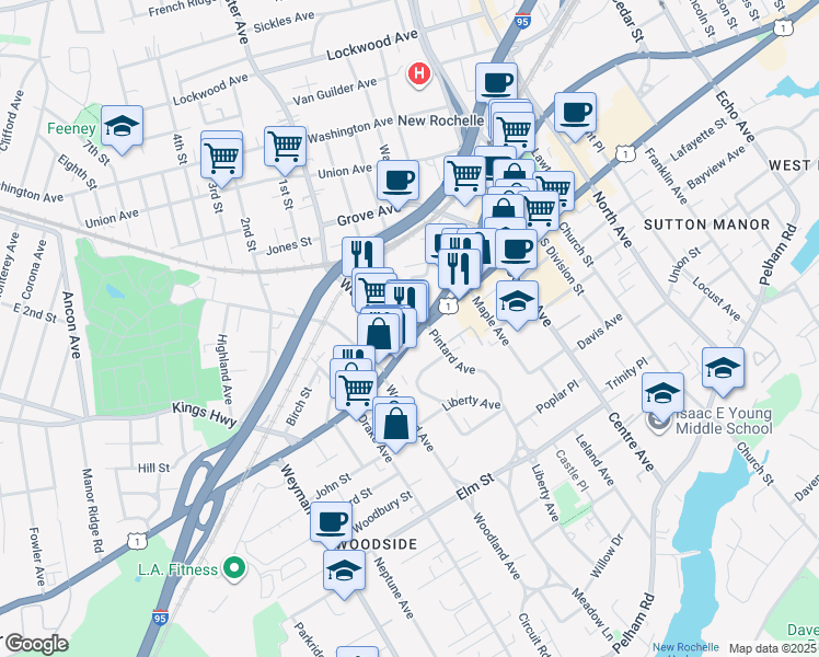 map of restaurants, bars, coffee shops, grocery stores, and more near 5 Webster Avenue in New Rochelle