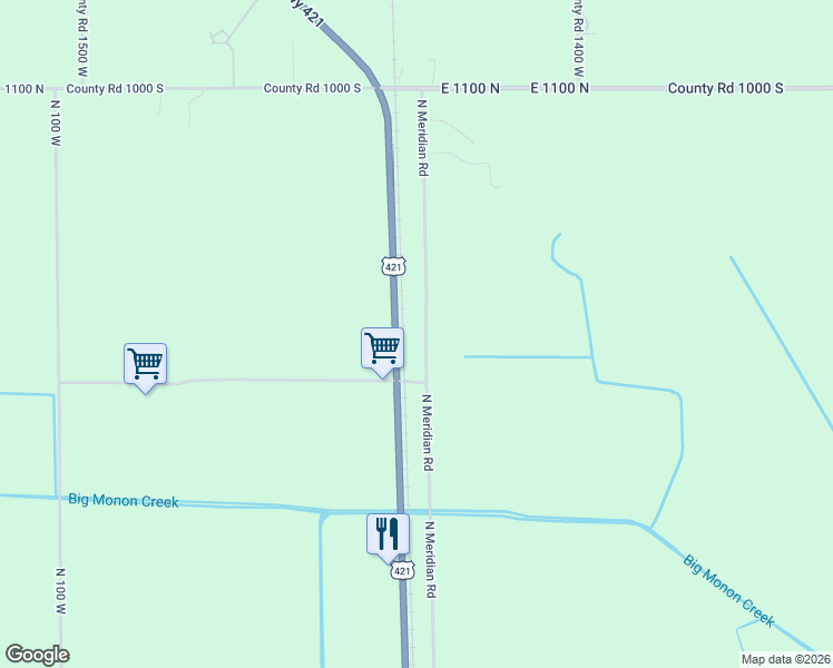 map of restaurants, bars, coffee shops, grocery stores, and more near 10405-10867 North Meridian Road in Monon