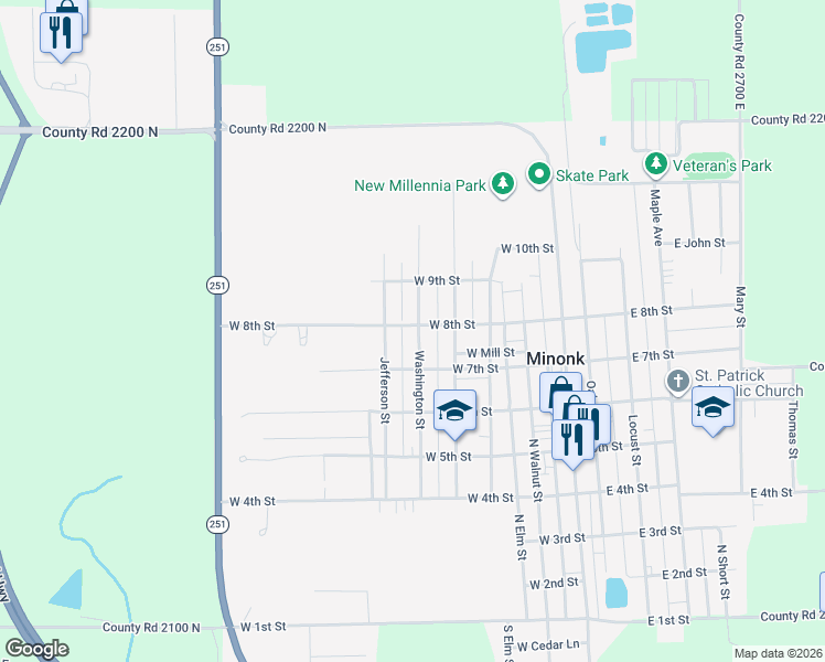 map of restaurants, bars, coffee shops, grocery stores, and more near 700-798 Washington Street in Minonk