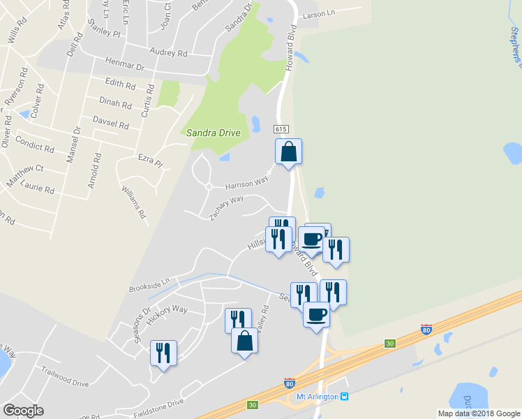 map of restaurants, bars, coffee shops, grocery stores, and more near 32 Zachary Way in Mount Arlington