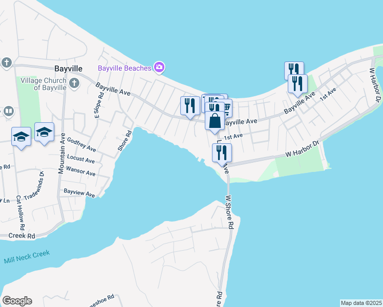 map of restaurants, bars, coffee shops, grocery stores, and more near 34 Quincy Avenue in Bayville