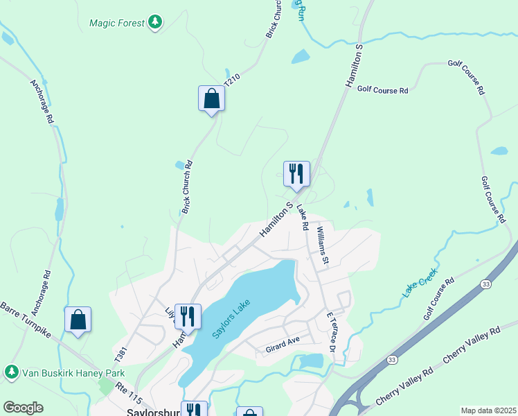 map of restaurants, bars, coffee shops, grocery stores, and more near 5261 Hamilton South in Saylorsburg