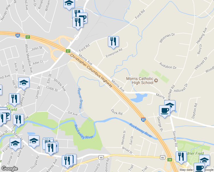 map of restaurants, bars, coffee shops, grocery stores, and more near Vanderhoof Avenue in Rockaway