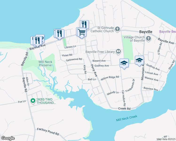 map of restaurants, bars, coffee shops, grocery stores, and more near 15 Tildean Lane in Bayville