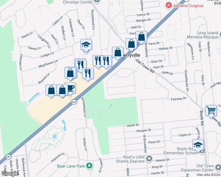 map of restaurants, bars, coffee shops, grocery stores, and more near 117 Village Green Drive in Port Jefferson Station