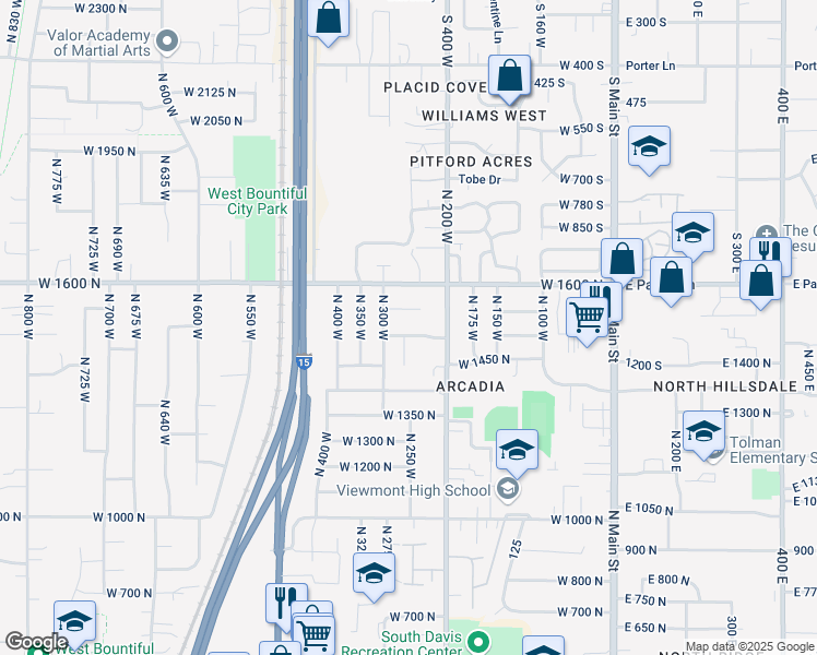 map of restaurants, bars, coffee shops, grocery stores, and more near 214 West 1500 North in Bountiful