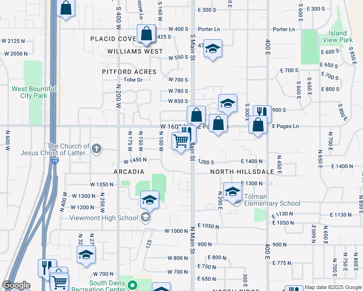 map of restaurants, bars, coffee shops, grocery stores, and more near 1510 North 100 West in Bountiful