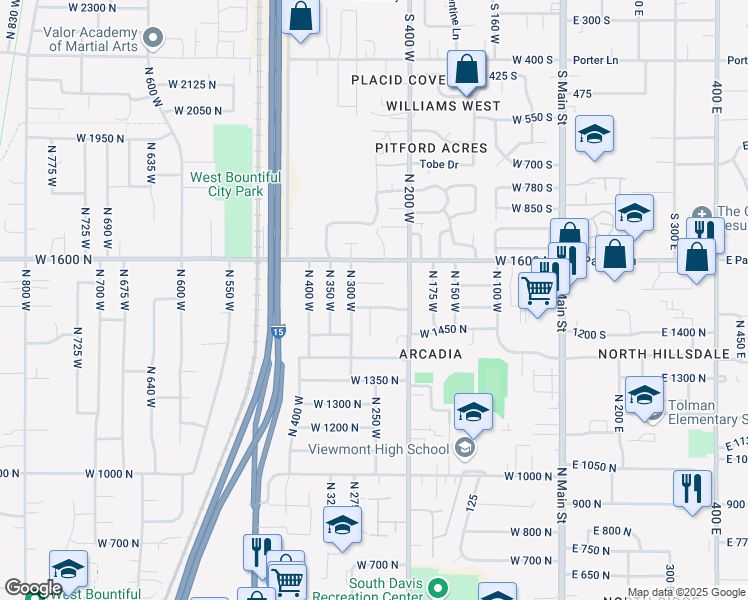 map of restaurants, bars, coffee shops, grocery stores, and more near 214 West 1500 North in Bountiful