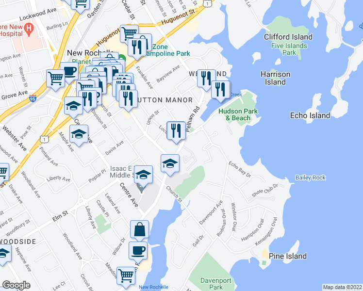 map of restaurants, bars, coffee shops, grocery stores, and more near 123 65 in New Rochelle