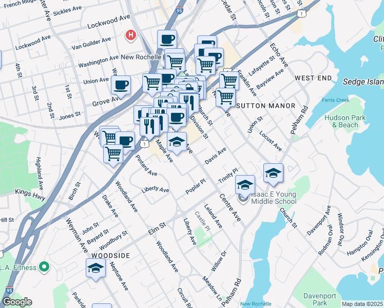 map of restaurants, bars, coffee shops, grocery stores, and more near 167 Centre Avenue in New Rochelle