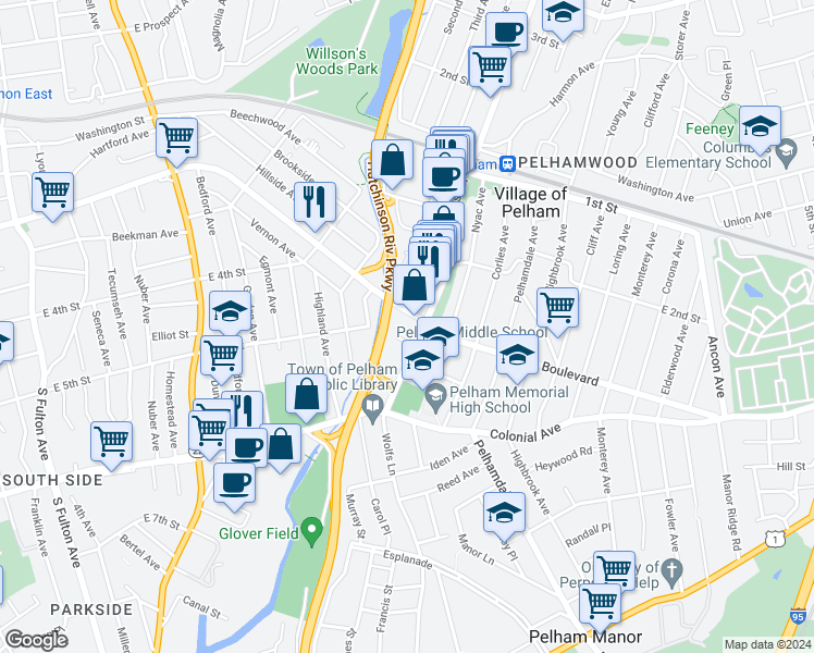 map of restaurants, bars, coffee shops, grocery stores, and more near 6 Marquand Place in Village of Pelham