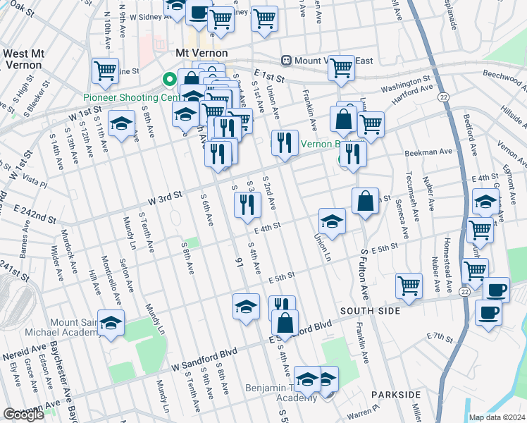 map of restaurants, bars, coffee shops, grocery stores, and more near 260 South 2nd Avenue in Mount Vernon