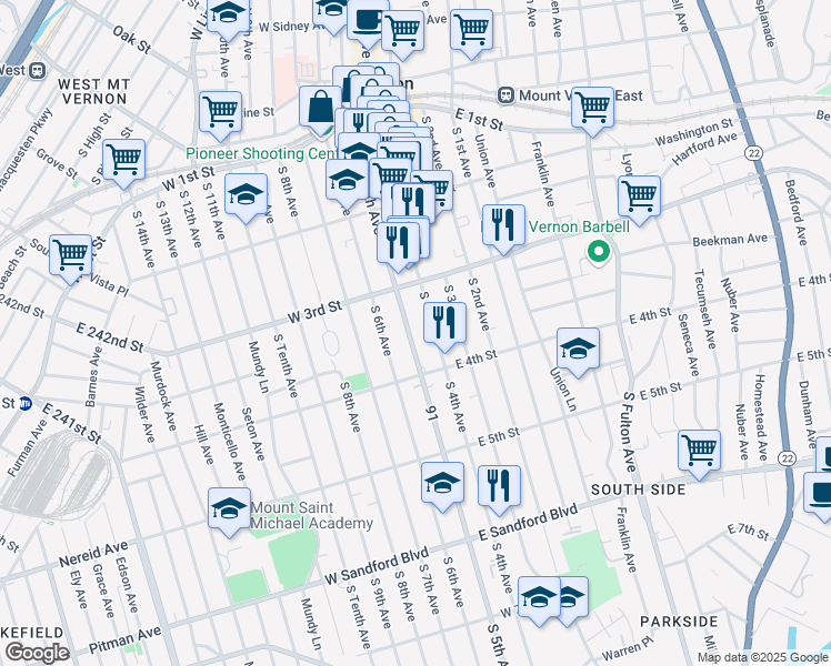 map of restaurants, bars, coffee shops, grocery stores, and more near 244 91 in Mount Vernon