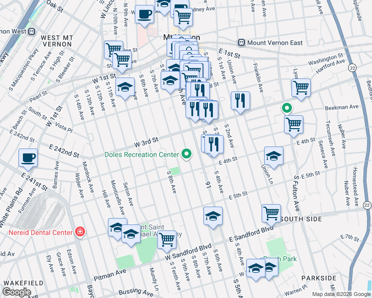 map of restaurants, bars, coffee shops, grocery stores, and more near 244 91 in Mount Vernon