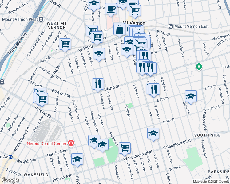 map of restaurants, bars, coffee shops, grocery stores, and more near 215 South 9th Avenue in Mount Vernon