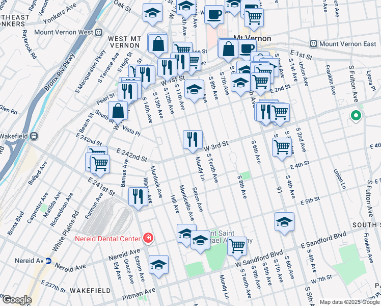 map of restaurants, bars, coffee shops, grocery stores, and more near in The Bronx