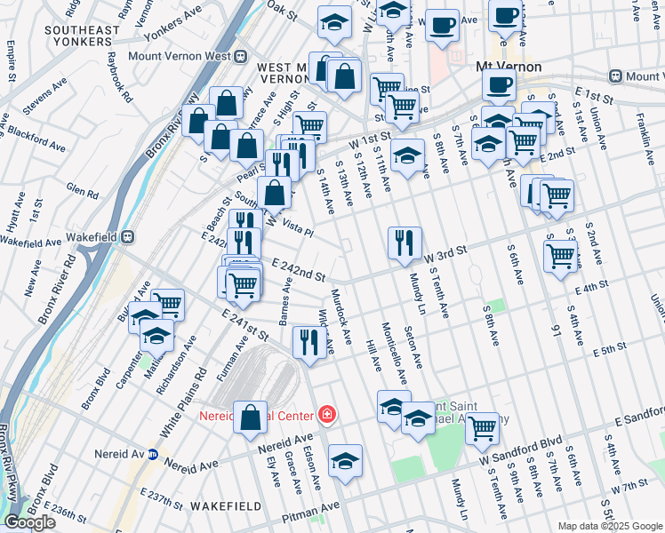 map of restaurants, bars, coffee shops, grocery stores, and more near 885 East 242nd Street in Bronx
