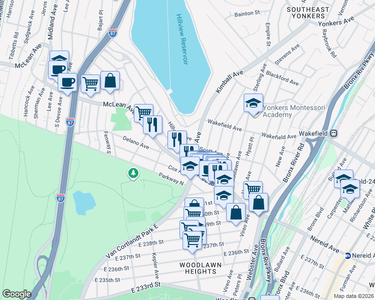 map of restaurants, bars, coffee shops, grocery stores, and more near 47 Kimball Avenue in Yonkers