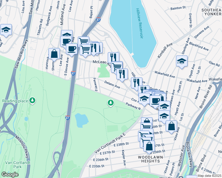 map of restaurants, bars, coffee shops, grocery stores, and more near 18 Aqueduct Avenue in Yonkers